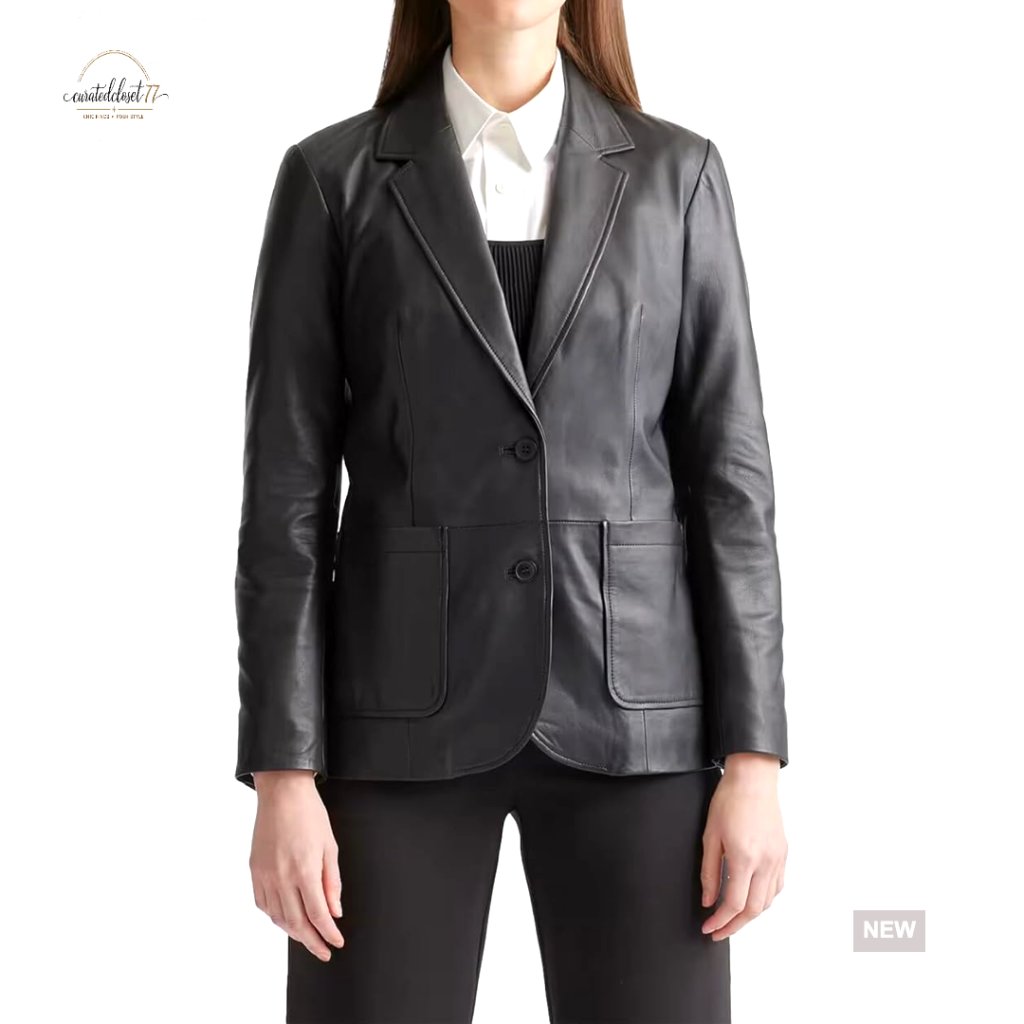 Lambskin Leather Blazer Coat Long Sleeve Tailored Fit Women's